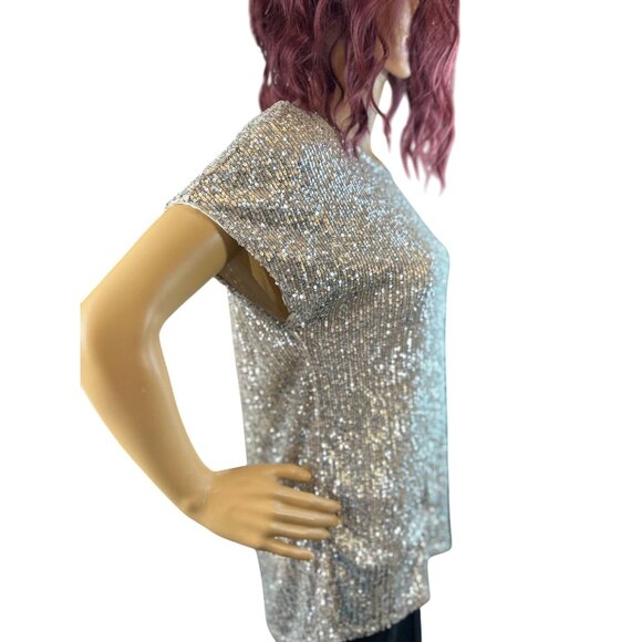 NWT - Rachel Zoe Short Sleeve Sequin Blouse in Silver Size M - Picture 3 of 6